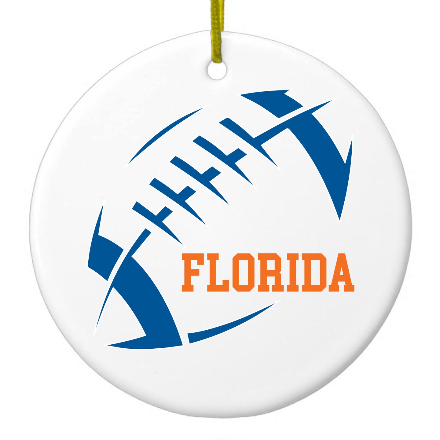 DistinctInk® Hanging Ceramic Christmas Tree Ornament with Gold String - Great Gift / Present - 2 3/4 inch Diameter - Florida Football - Orange, Blue