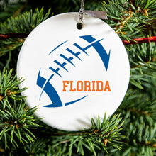 DistinctInk® Hanging Ceramic Christmas Tree Ornament with Gold String - Great Gift / Present - 2 3/4 inch Diameter - Florida Football - Orange, Blue