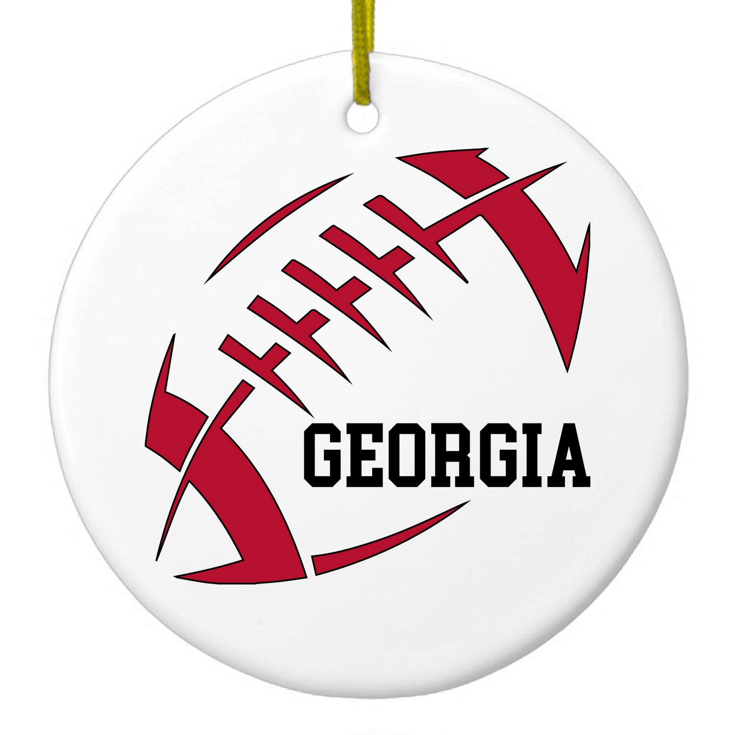 DistinctInk® Hanging Ceramic Christmas Tree Ornament with Gold String - Great Gift / Present - 2 3/4 inch Diameter - Georgia Football - Red, Black