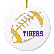 DistinctInk® Hanging Ceramic Christmas Tree Ornament with Gold String - Great Gift / Present - 2 3/4 inch Diameter - Tigers Football - Purple, Gold