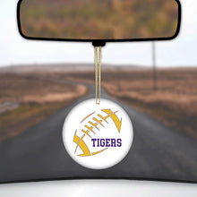 DistinctInk® Hanging Ceramic Christmas Tree Ornament with Gold String - Great Gift / Present - 2 3/4 inch Diameter - Tigers Football - Purple, Gold