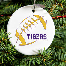 DistinctInk® Hanging Ceramic Christmas Tree Ornament with Gold String - Great Gift / Present - 2 3/4 inch Diameter - Tigers Football - Purple, Gold
