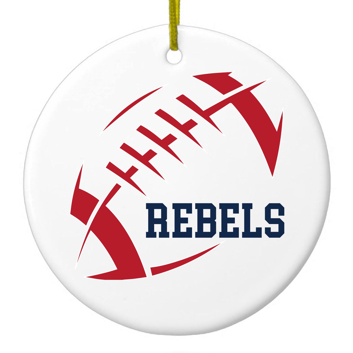 DistinctInk® Hanging Ceramic Christmas Tree Ornament with Gold String - Great Gift / Present - 2 3/4 inch Diameter - Rebels Football - Red, Navy