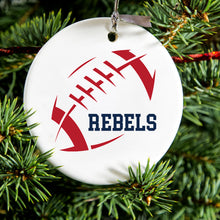 DistinctInk® Hanging Ceramic Christmas Tree Ornament with Gold String - Great Gift / Present - 2 3/4 inch Diameter - Rebels Football - Red, Navy