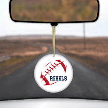 DistinctInk® Hanging Ceramic Christmas Tree Ornament with Gold String - Great Gift / Present - 2 3/4 inch Diameter - Rebels Football - Red, Navy