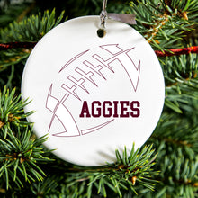 DistinctInk® Hanging Ceramic Christmas Tree Ornament with Gold String - Great Gift / Present - 2 3/4 inch Diameter - Aggies Football - Maroon, White