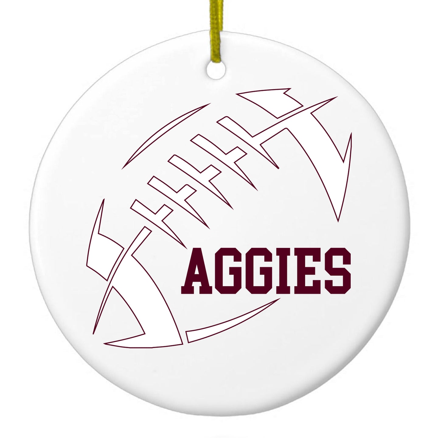 DistinctInk® Hanging Ceramic Christmas Tree Ornament with Gold String - Great Gift / Present - 2 3/4 inch Diameter - Aggies Football - Maroon, White