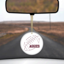 DistinctInk® Hanging Ceramic Christmas Tree Ornament with Gold String - Great Gift / Present - 2 3/4 inch Diameter - Aggies Football - Maroon, White