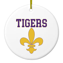 DistinctInk® Hanging Ceramic Christmas Tree Ornament with Gold String - Great Gift / Present - 2 3/4 inch Diameter - Tigers Football / Fleur de Lis - Purple, Gold