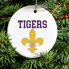 DistinctInk® Hanging Ceramic Christmas Tree Ornament with Gold String - Great Gift / Present - 2 3/4 inch Diameter - Tigers Football / Fleur de Lis - Purple, Gold