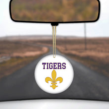 DistinctInk® Hanging Ceramic Christmas Tree Ornament with Gold String - Great Gift / Present - 2 3/4 inch Diameter - Tigers Football / Fleur de Lis - Purple, Gold