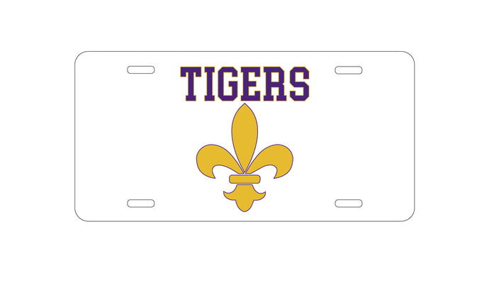 DistinctInk Custom Aluminum Decorative Vanity Front License Plate - Tigers Football / Fleur de Lis - Purple, Gold