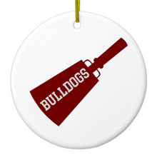 DistinctInk® Hanging Ceramic Christmas Tree Ornament with Gold String - Great Gift / Present - 2 3/4 inch Diameter - Bulldogs Cowbell - Maroon, Gray