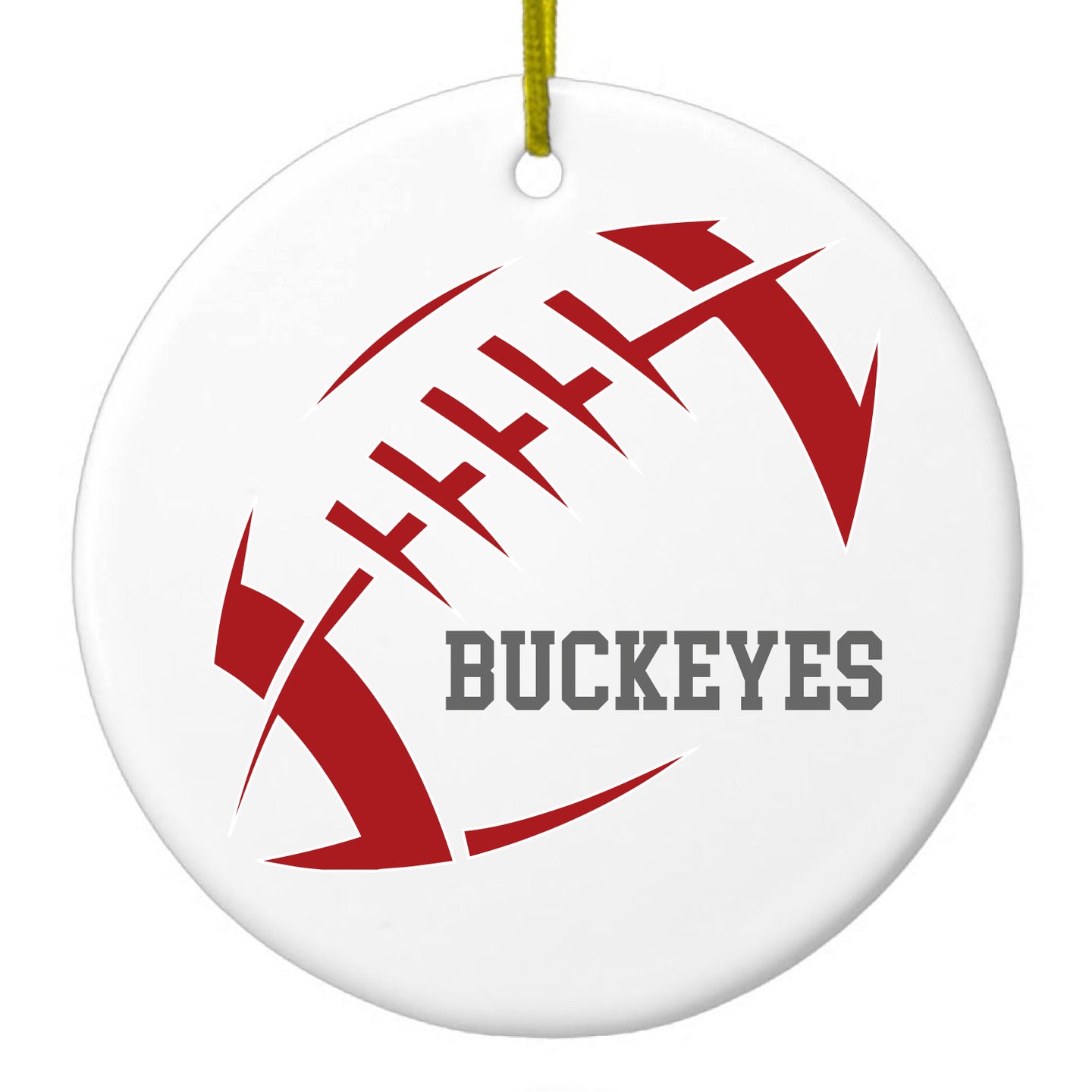 DistinctInk® Hanging Ceramic Christmas Tree Ornament with Gold String - Great Gift / Present - 2 3/4 inch Diameter - Buckeyes Football - Scarlet, Gray