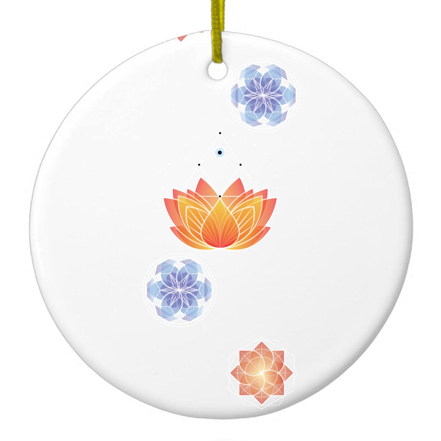 DistinctInk® Hanging Ceramic Christmas Tree Ornament with Gold String - Great Gift / Present - 2 3/4 inch Diameter - Lotus Flower and Mandalas