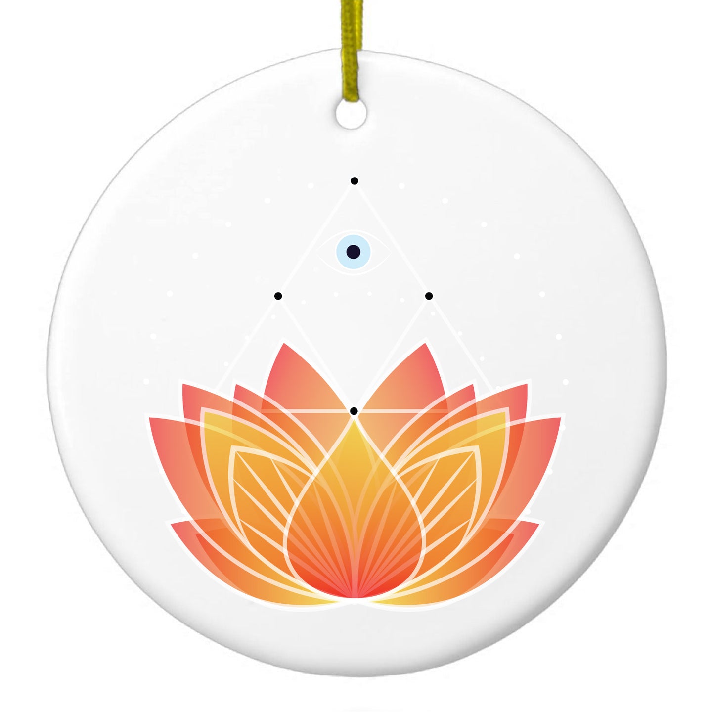 DistinctInk® Hanging Ceramic Christmas Tree Ornament with Gold String - Great Gift / Present - 2 3/4 inch Diameter - Lotus Flower and Third Eye