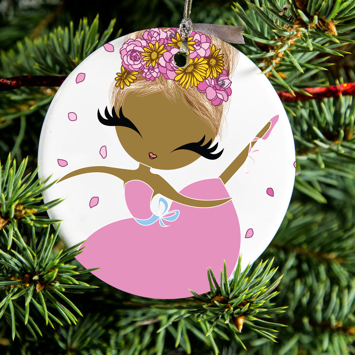 Ballerina Dancing in Flower Petals Ceramic Ornament, view 2