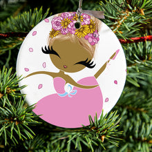 DistinctInk® Hanging Ceramic Christmas Tree Ornament with Gold String - Great Gift / Present - 2 3/4 inch Diameter - Ballerina Dancing in Flower Petals