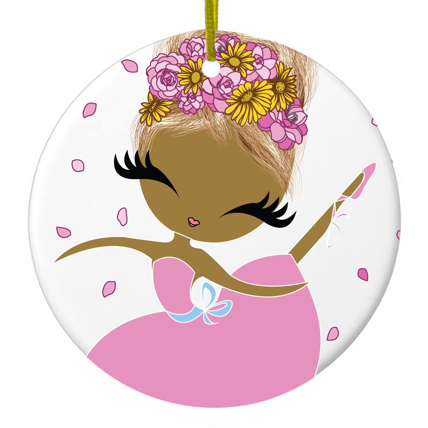 DistinctInk® Hanging Ceramic Christmas Tree Ornament with Gold String - Great Gift / Present - 2 3/4 inch Diameter - Ballerina Dancing in Flower Petals