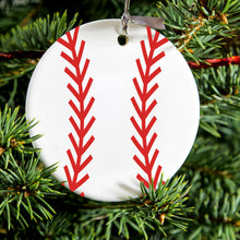 DistinctInk® Hanging Ceramic Christmas Tree Ornament with Gold String - Great Gift / Present - 2 3/4 inch Diameter - Red Baseball Stitching