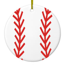 DistinctInk® Hanging Ceramic Christmas Tree Ornament with Gold String - Great Gift / Present - 2 3/4 inch Diameter - Red Baseball Stitching