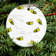 DistinctInk® Hanging Ceramic Christmas Tree Ornament with Gold String - Great Gift / Present - 2 3/4 inch Diameter - Repeating Bumble bees