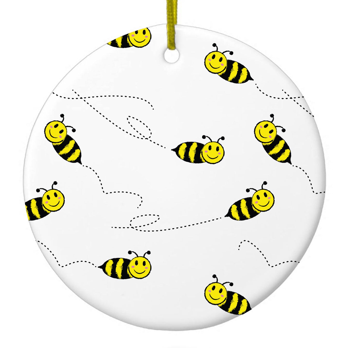 DistinctInk® Hanging Ceramic Christmas Tree Ornament with Gold String - Great Gift / Present - 2 3/4 inch Diameter - Repeating Bumble bees