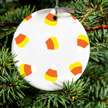 DistinctInk® Hanging Ceramic Christmas Tree Ornament with Gold String - Great Gift / Present - 2 3/4 inch Diameter - Repeating Candy Corn