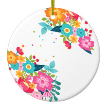 DistinctInk® Hanging Ceramic Christmas Tree Ornament with Gold String - Great Gift / Present - 2 3/4 inch Diameter - Bright Colored Flowers and Dots