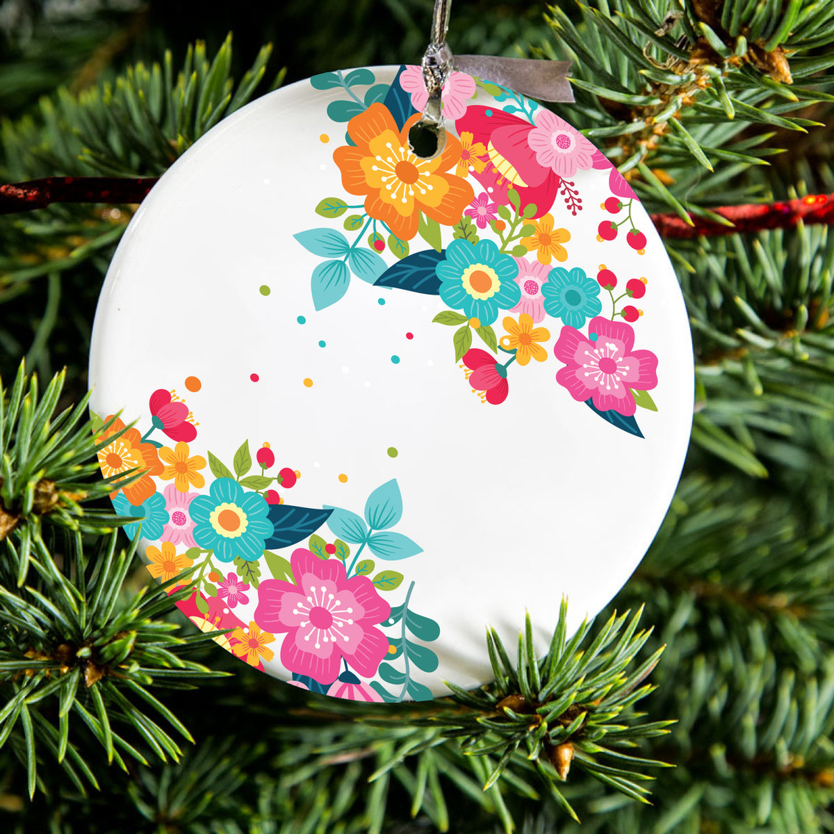 Bright Colored Flowers and Dots Ceramic Ornament, view 2