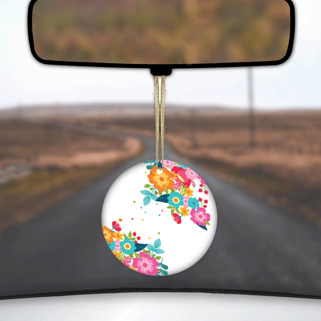 Bright Colored Flowers and Dots Ceramic Ornament, view 3