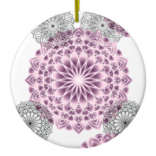 DistinctInk® Hanging Ceramic Christmas Tree Ornament with Gold String - Great Gift / Present - 2 3/4 inch Diameter - Mandala - Purple and Pink and Black