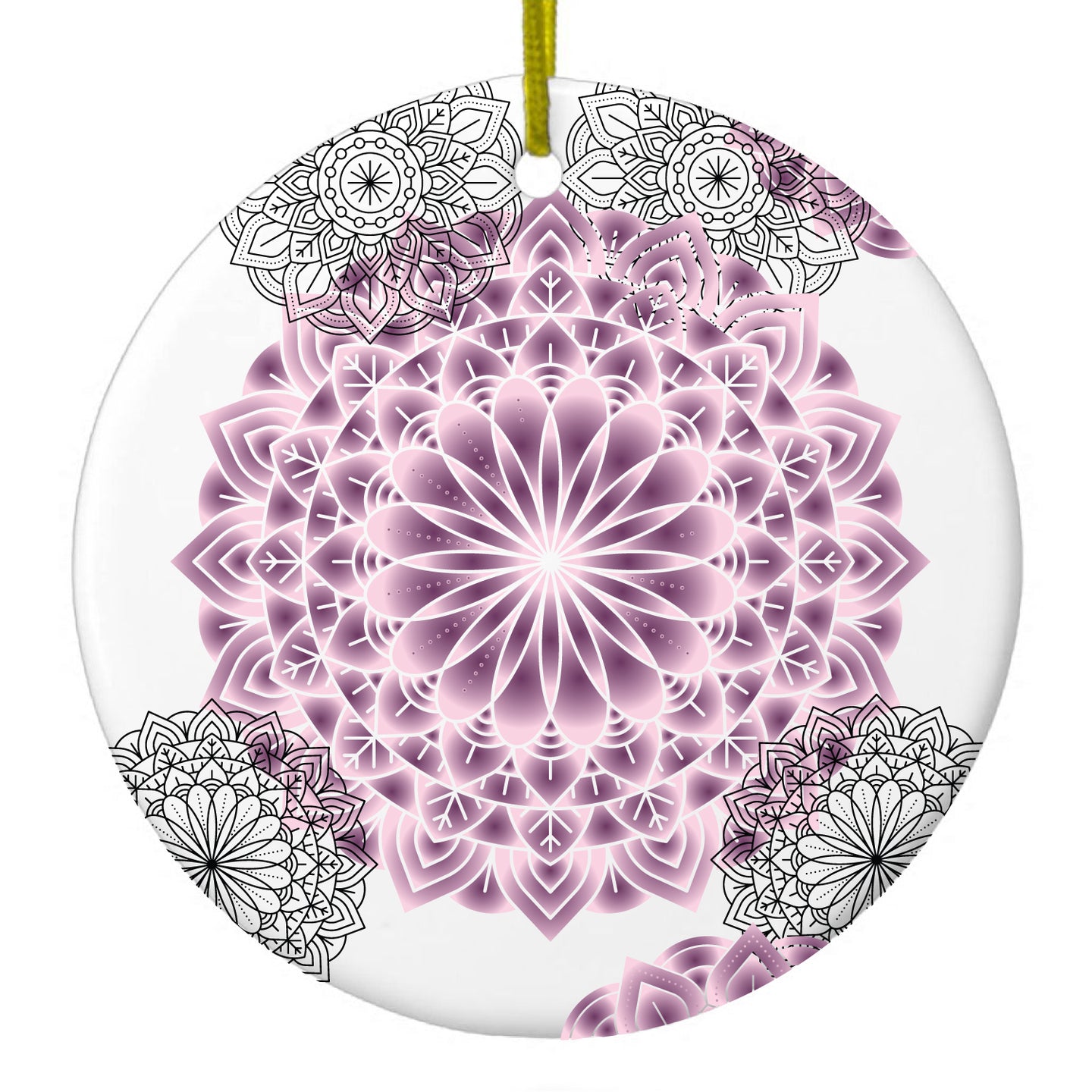 DistinctInk® Hanging Ceramic Christmas Tree Ornament with Gold String - Great Gift / Present - 2 3/4 inch Diameter - Mandala - Purple and Pink and Black