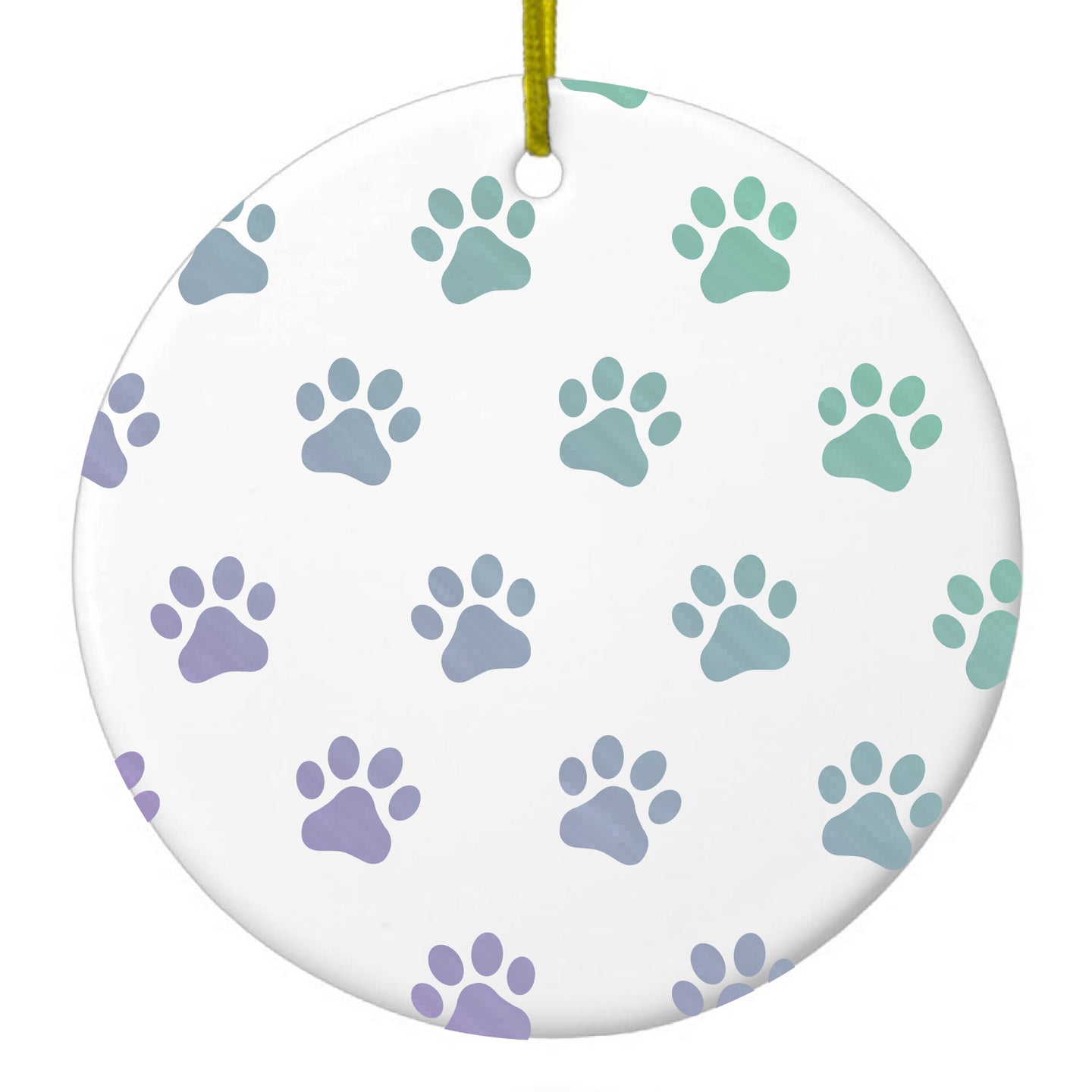 DistinctInk® Hanging Ceramic Christmas Tree Ornament with Gold String - Great Gift / Present - 2 3/4 inch Diameter - Gradient Pawprints - Purple to Green
