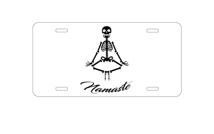 DistinctInk Custom Aluminum Decorative Vanity Front License Plate - Namaste Yoga Skeleton