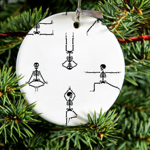 DistinctInk® Hanging Ceramic Christmas Tree Ornament with Gold String - Great Gift / Present - 2 3/4 inch Diameter - Yoga Skeletons