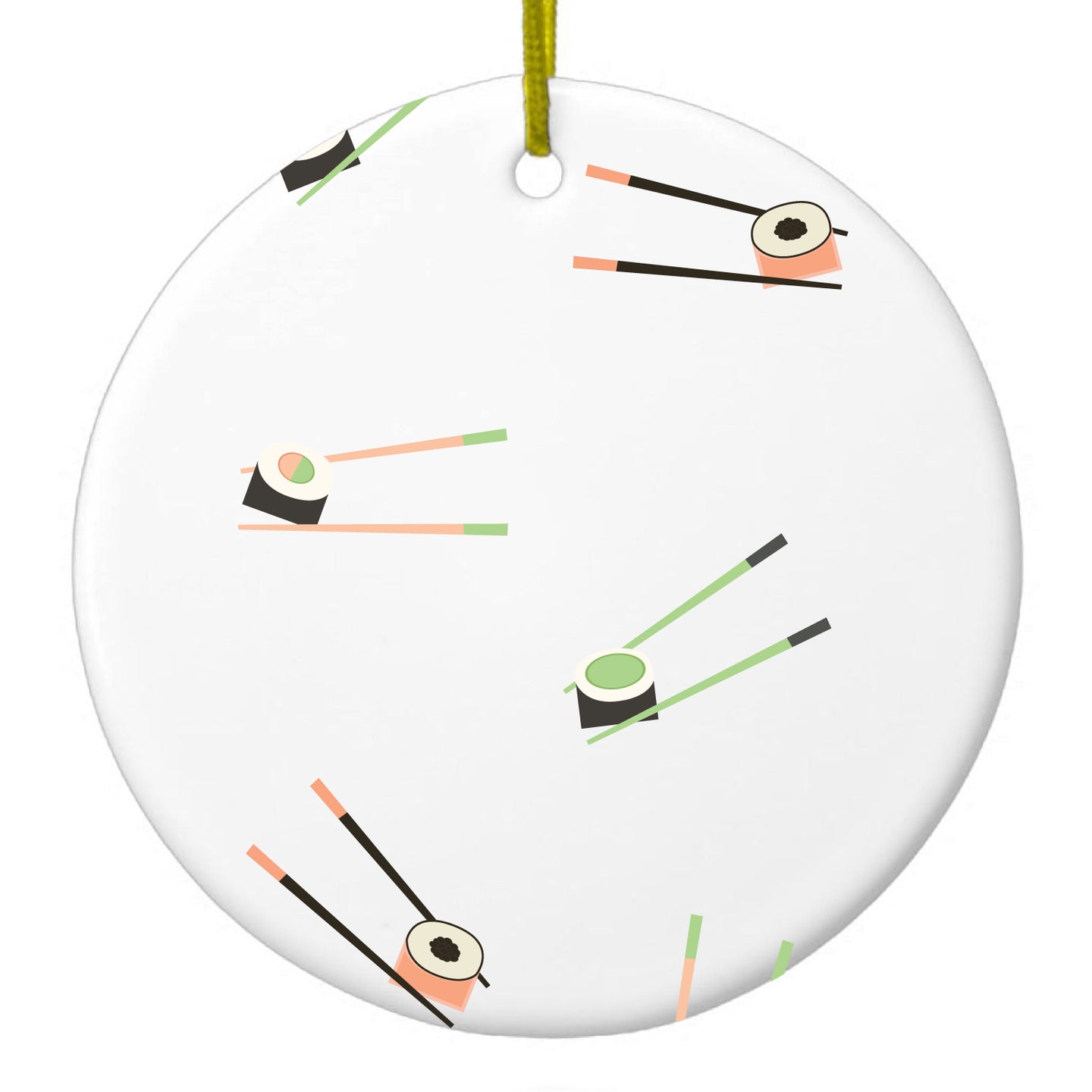 DistinctInk® Hanging Ceramic Christmas Tree Ornament with Gold String - Great Gift / Present - 2 3/4 inch Diameter - Sushi with Chopsticks - Pastels