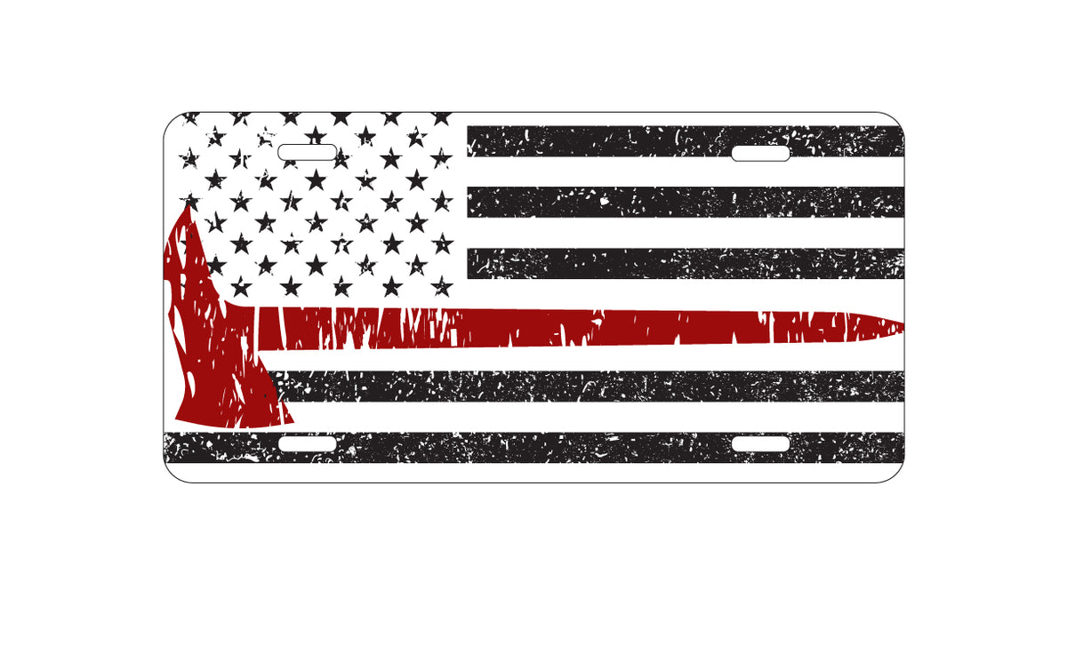 Custom Aluminum Decorative Vanity Front License Plate - Weathered Thin Red Line US Flag With Axe