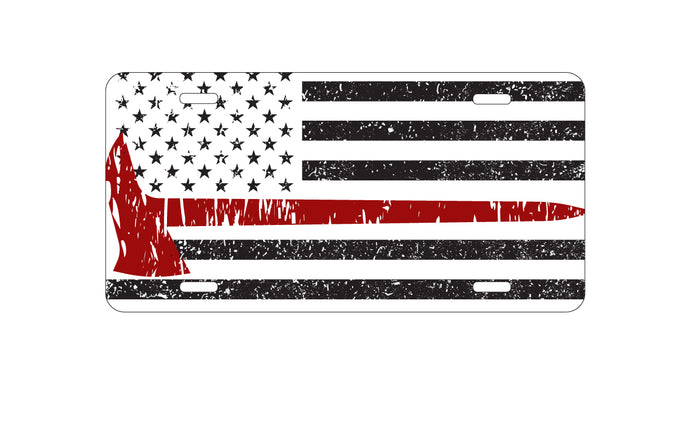 DistinctInk Custom Aluminum Decorative Vanity Front License Plate - Weathered Thin Red Line US Flag With Axe