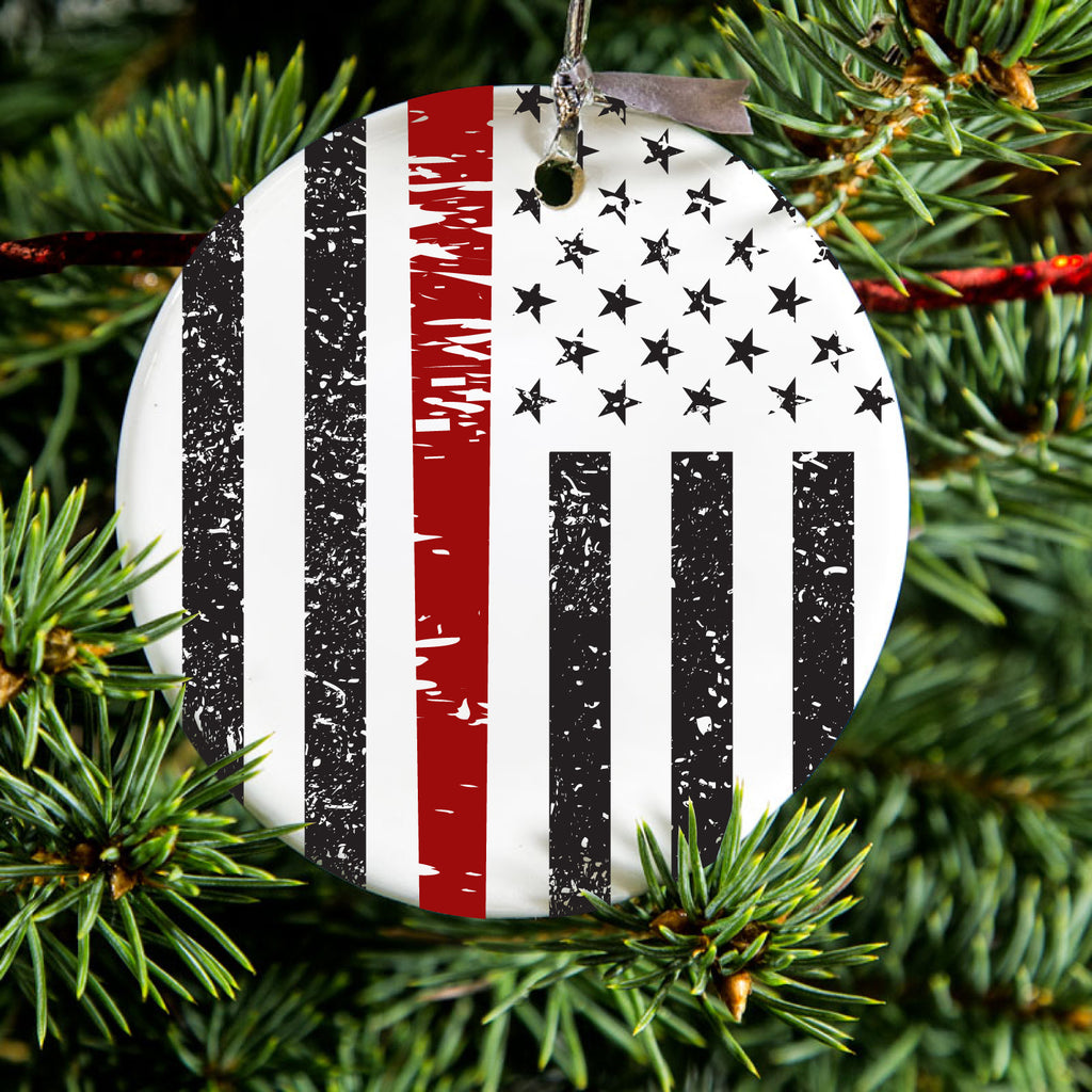 Weathered Thin Red Line US Flag With Axe Ceramic Ornament, view 2