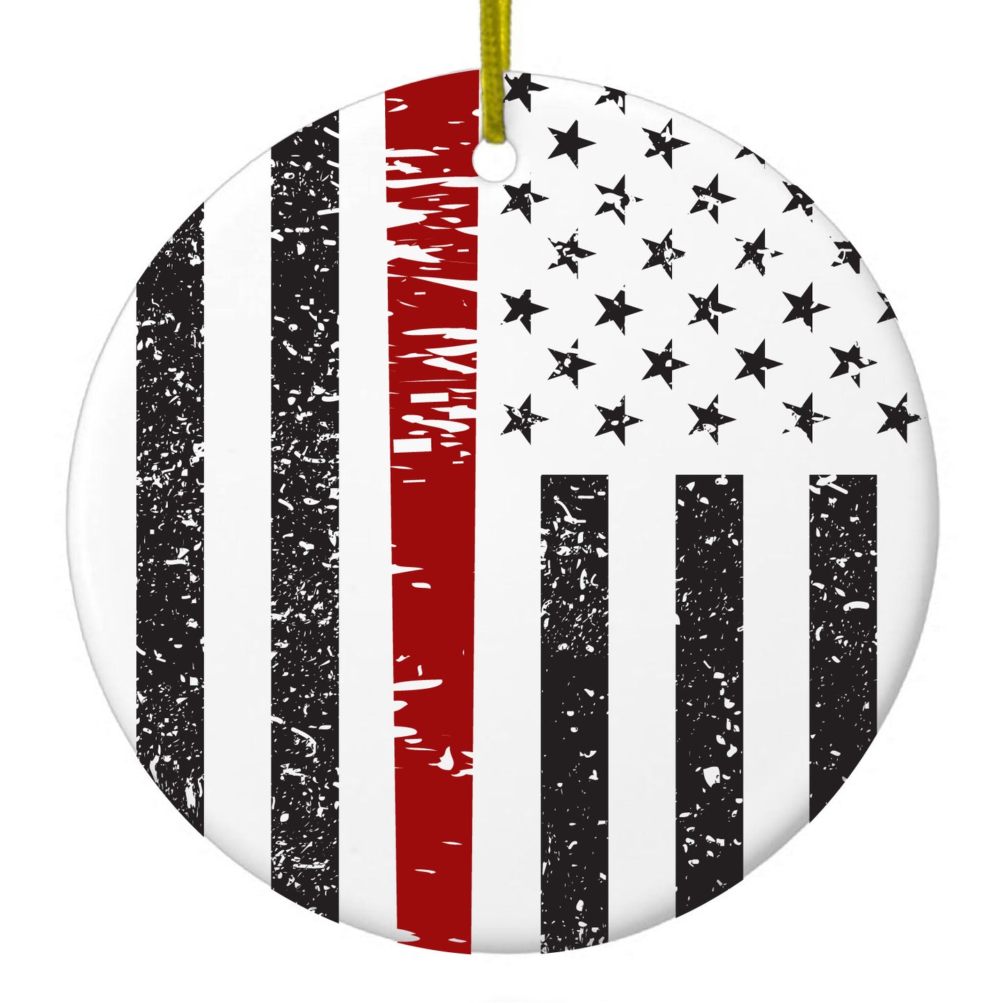 DistinctInk® Hanging Ceramic Christmas Tree Ornament with Gold String - Great Gift / Present - 2 3/4 inch Diameter - Weathered Thin Red Line US Flag With Axe