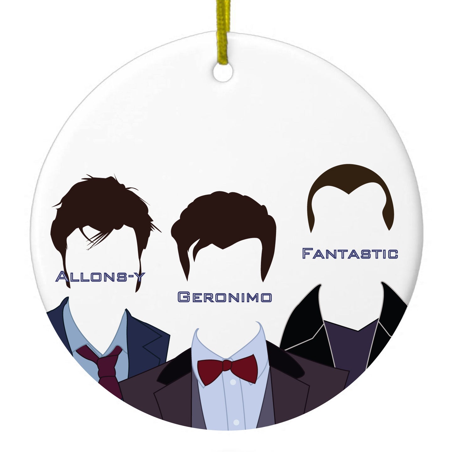 DistinctInk® Hanging Ceramic Christmas Tree Ornament with Gold String - Great Gift / Present - 2 3/4 inch Diameter - Catchphrases of the Doctors