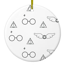 DistinctInk® Hanging Ceramic Christmas Tree Ornament with Gold String - Great Gift / Present - 2 3/4 inch Diameter - Round Glasses with Symbol and Snitch