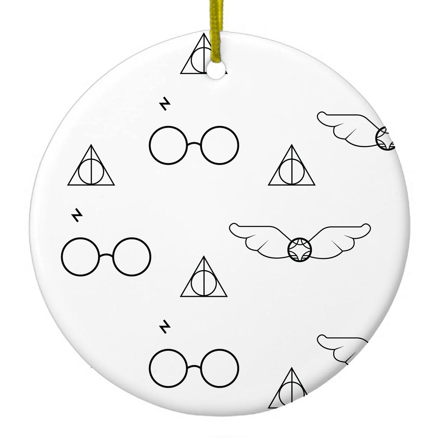 DistinctInk® Hanging Ceramic Christmas Tree Ornament with Gold String - Great Gift / Present - 2 3/4 inch Diameter - Round Glasses with Symbol and Snitch