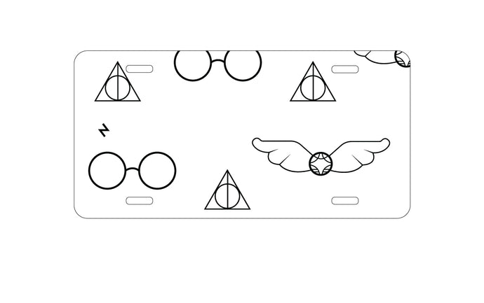 DistinctInk Custom Aluminum Decorative Vanity Front License Plate - Round Glasses with Symbol and Snitch