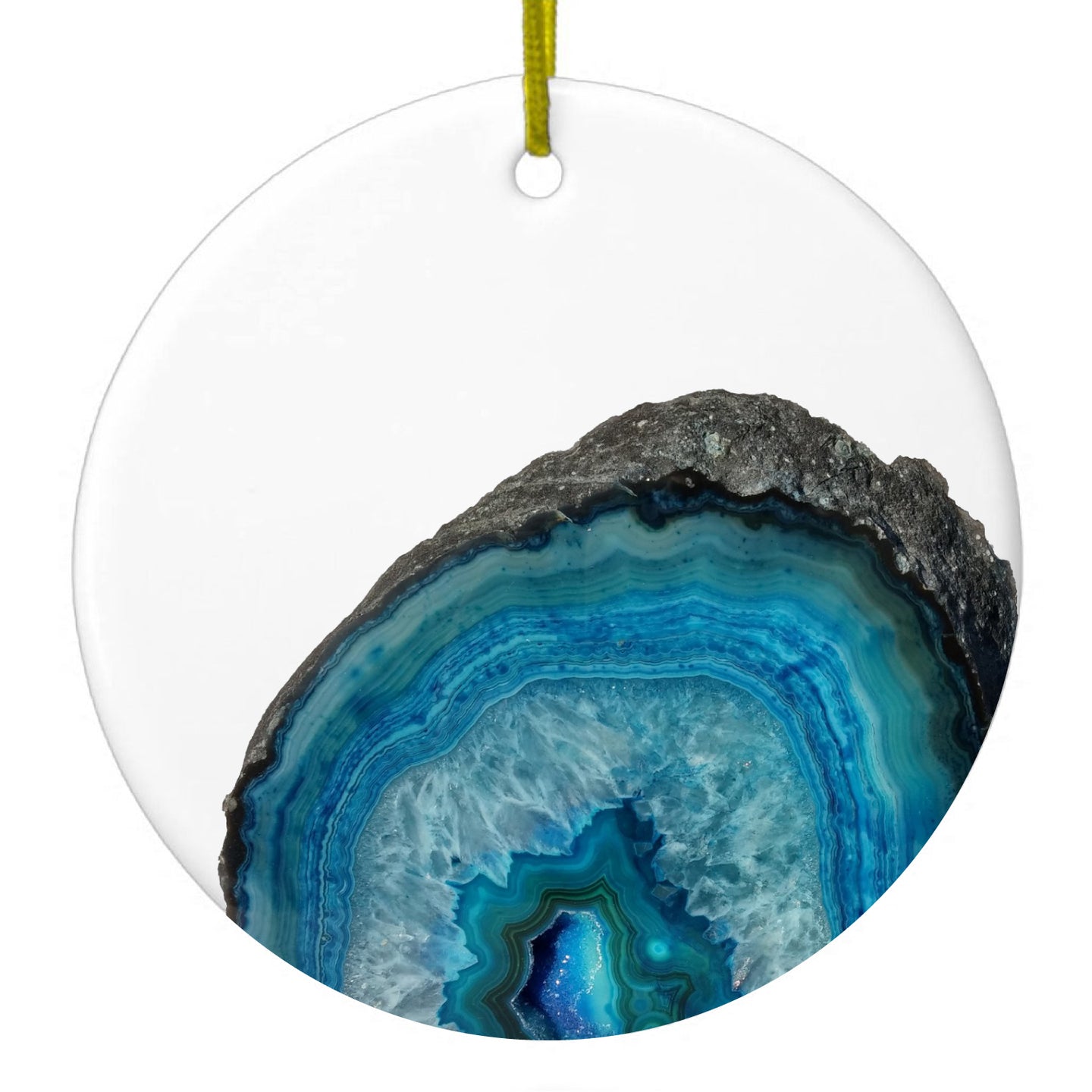 DistinctInk® Hanging Ceramic Christmas Tree Ornament with Gold String - Great Gift / Present - 2 3/4 inch Diameter - Blue Teal Geode Crystal