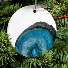 DistinctInk® Hanging Ceramic Christmas Tree Ornament with Gold String - Great Gift / Present - 2 3/4 inch Diameter - Blue Teal Geode Crystal