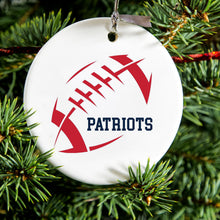 DistinctInk® Hanging Ceramic Christmas Tree Ornament with Gold String - Great Gift / Present - 2 3/4 inch Diameter - Red Blue Football - Patriots