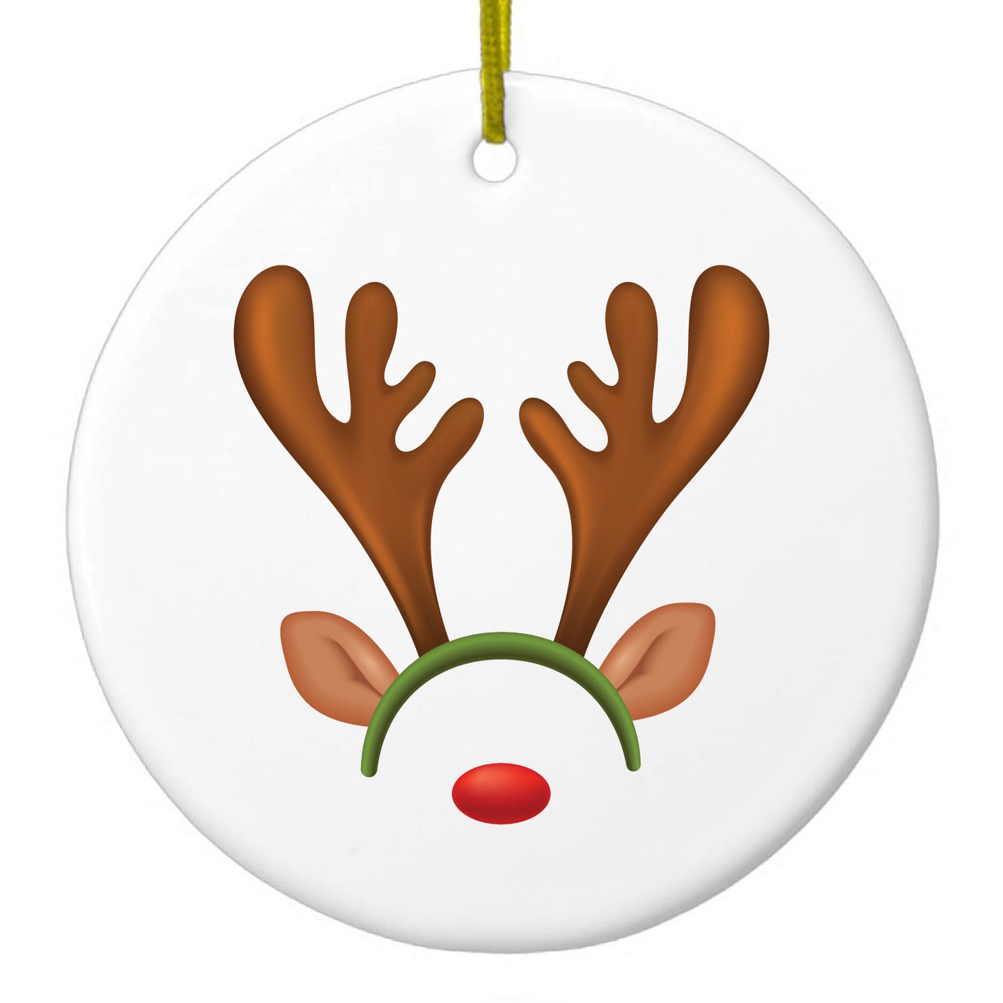 DistinctInk® Hanging Ceramic Christmas Tree Ornament with Gold String - Great Gift / Present - 2 3/4 inch Diameter - Reindeer Face Christmas