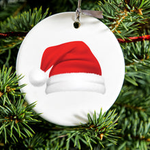 DistinctInk® Hanging Ceramic Christmas Tree Ornament with Gold String - Great Gift / Present - 2 3/4 inch Diameter - Realistic Santa Hat Christmas